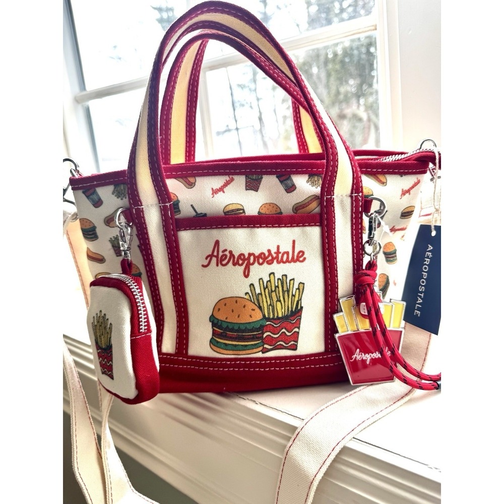 Aeropostale Mini Tote Bag Retro Burger Fries Crossbody Purse‎ Red Canvas New
